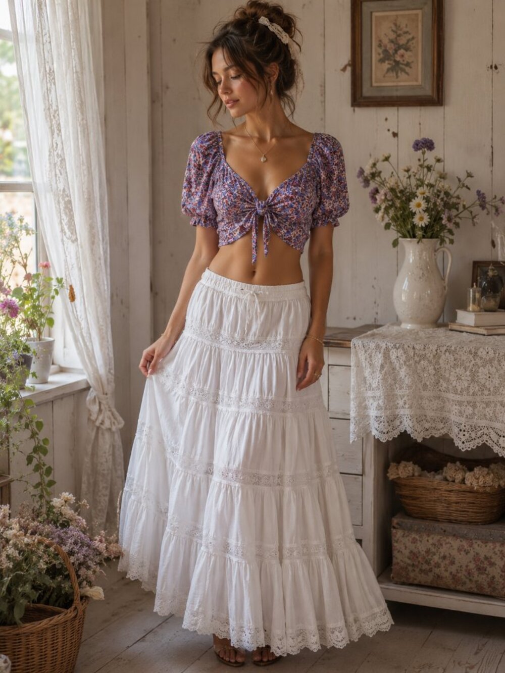 Wild Fable Tie Front Floral Cropped Top